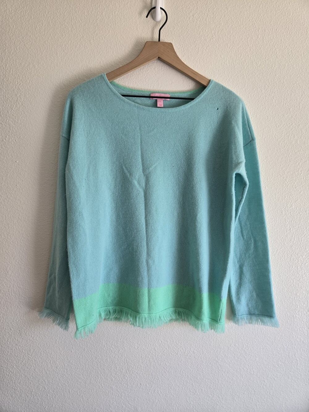 Lilly Pulitzer Fairfax Cashmere Blue Green Fringe Sweater Small Coastal Luxury